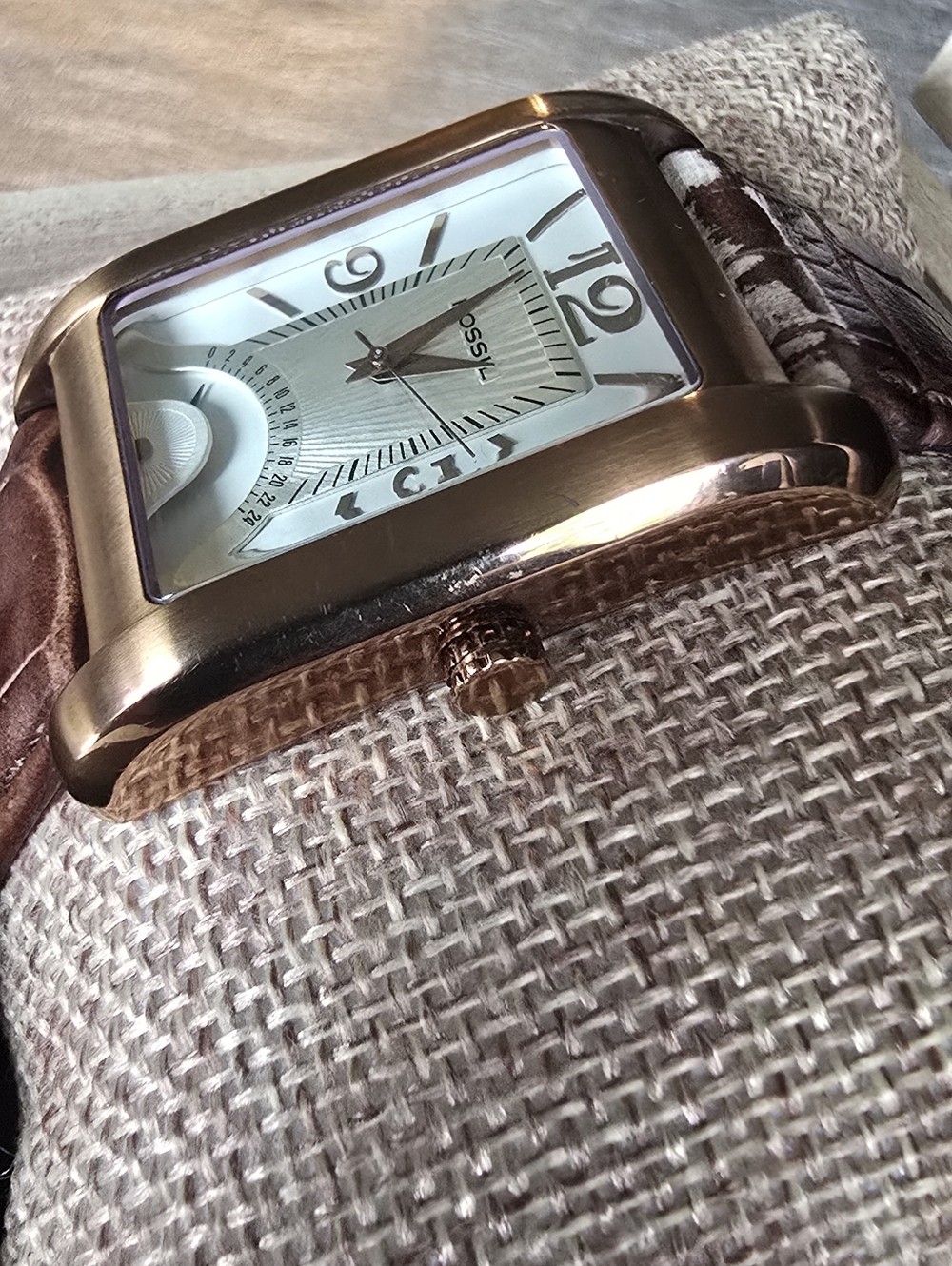 Fossil Rose Gold Tone Rectangular Watch with Brown Leather Strap - Picture 3 of 4